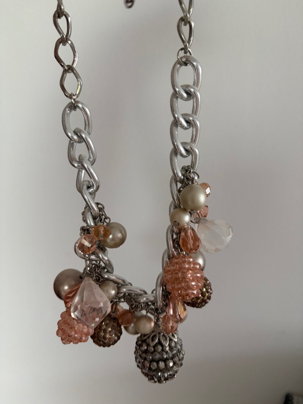 Pink Crystal Charm Statement Necklace | Silver Tone Chain